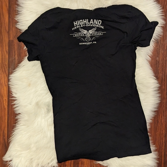 Harley Davidson Bling Rhinestone Orange and Black Bar and Shield Logo T-shirt - Picture 2 of 2